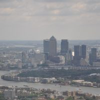 The towers of Canary Wharf, as seen in the distance from the top of the Shard in 2014.