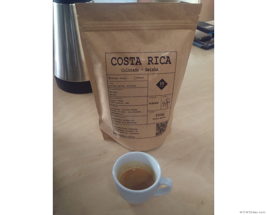 I had a lovely Costa Rican Geisha, unusual in that 19 Grams roasted it as an espresso.