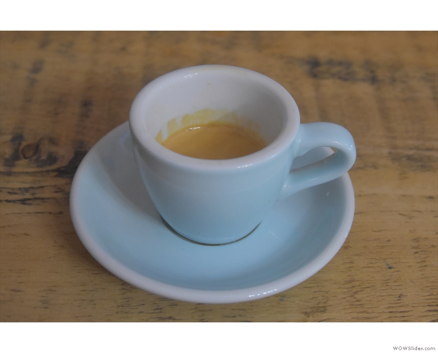 I decided to keep it simple with an espresso, served in a classic white cup...