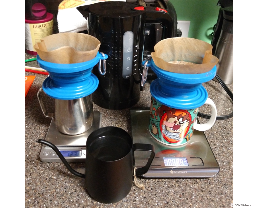 ... and here I'm using both my scales and her kitchen scales to make two pour-overs.