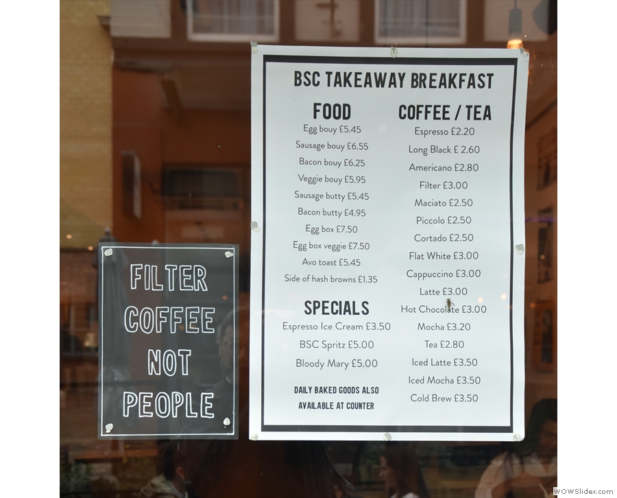 There are details of the takeaway breakfast menu in the window...