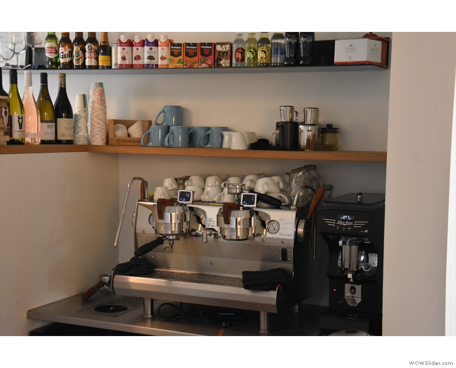 ... and the espresso machine off to the right. There's also a kitchen at the back.