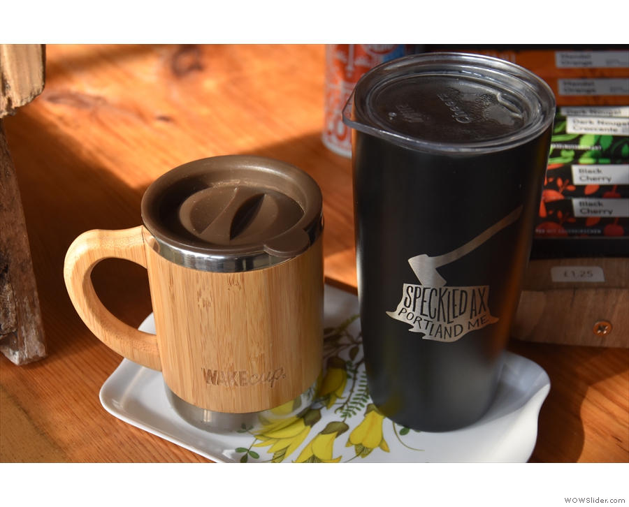 Our coffees, in my Global WAKEcup and Amanda's Speckled Ax cup. We also had...