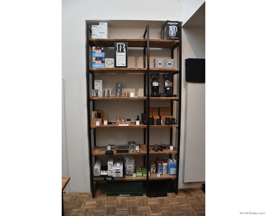 ... this set of shelves towards the back is the realm of espresso, with tampers, jugs, etc...